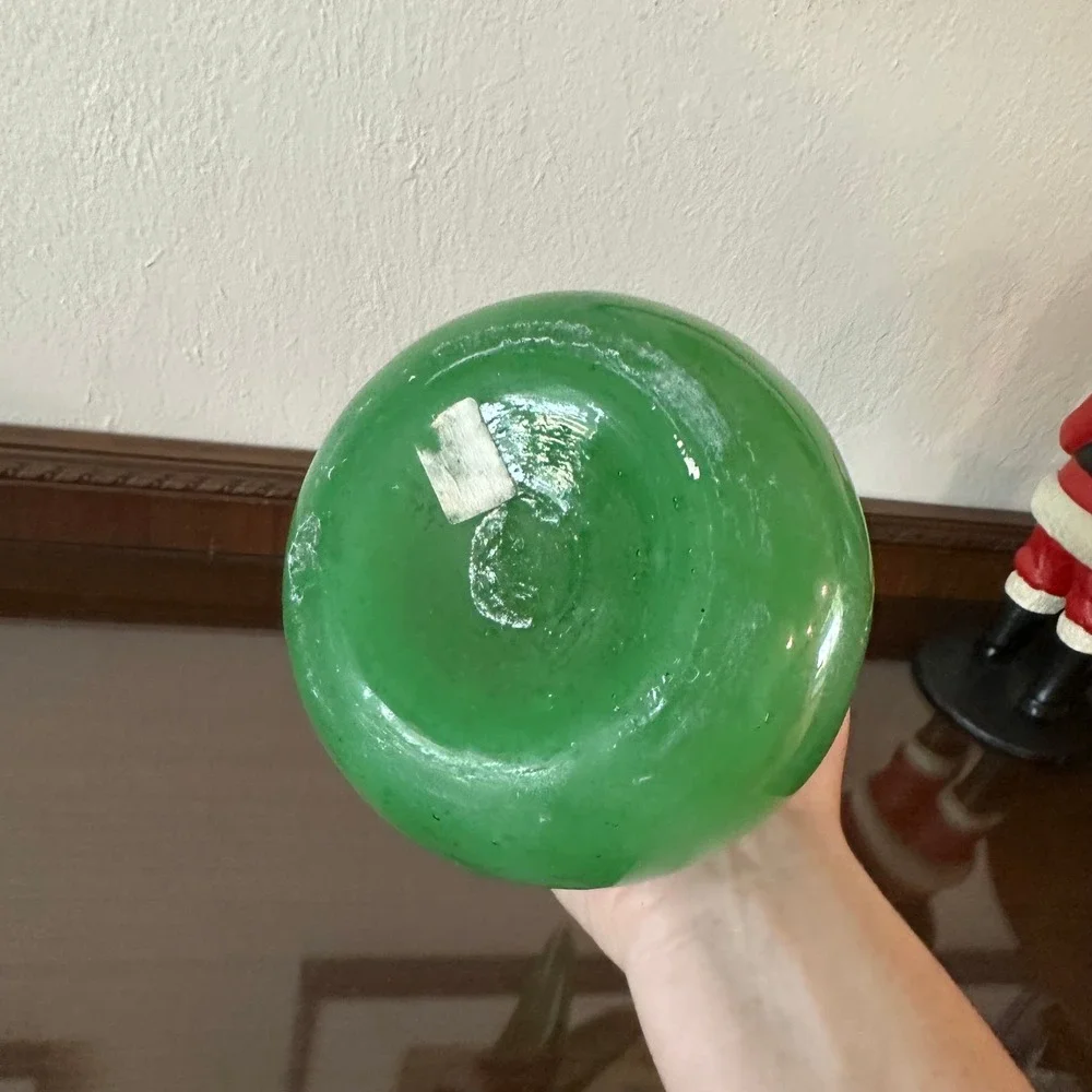 Vintage Green Cased Art Glass Vase Murano Style Pulled Wing Rim 10'' Mid Century